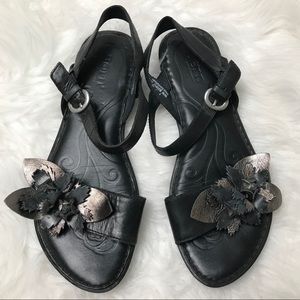 Born Black Floral Leather Ankle Strap Sandals Comfort Women's Size 7